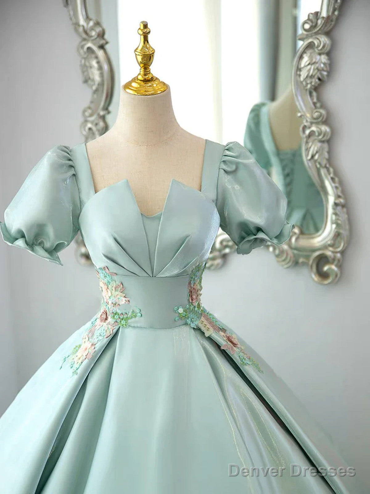 Green Satin Short Sleeves Long Formal Dress, Green Satin Prom Dress Evening Dress Secondary image