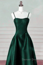 Green Satin Simple A-Line Floor Length Party Dress, Green Satin Straps Prom Dress