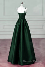 Green Satin Simple A-Line Floor Length Party Dress, Green Satin Straps Prom Dress