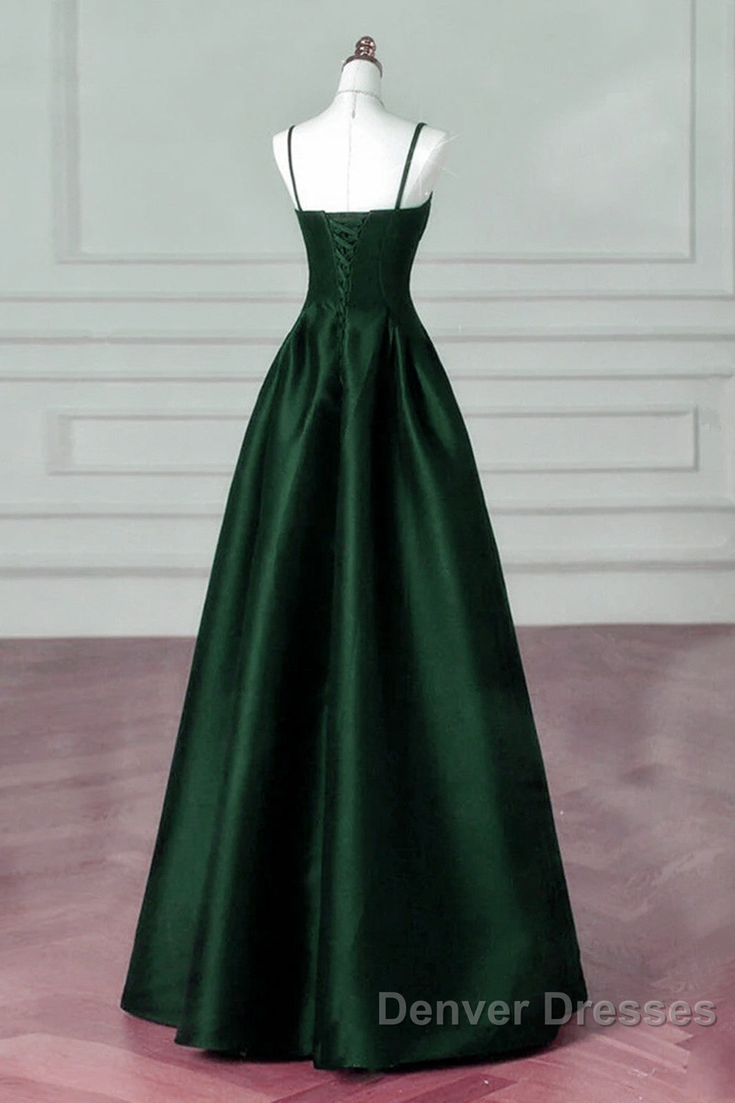 Green Satin Simple A-Line Floor Length Party Dress, Green Satin Straps Prom Dress