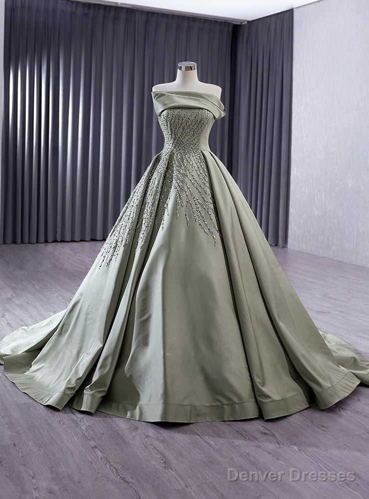 Green Satin Strapless Sequins Beading Prom Dress Main image