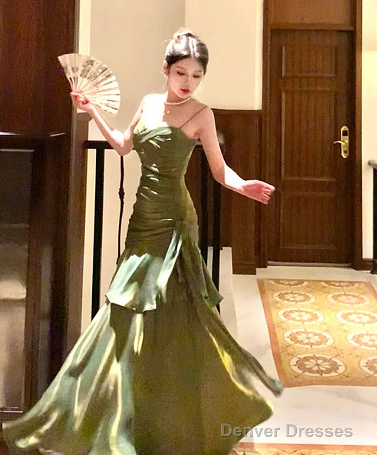 Green Satin Straps Long Layers Evening Dress, Green Satin Long Party Dress Prom Dress Secondary image