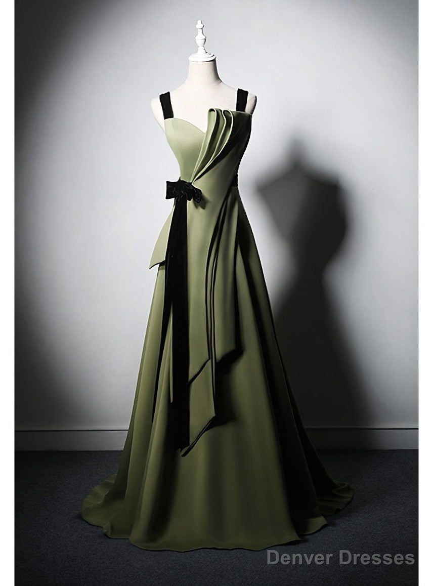 Green Satin Straps Pleats Black Velvet Prom Dress Main image