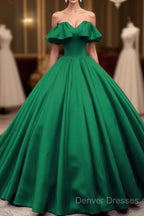 Green Satin Sweetheart Off Shoulder Ball Gown Long Sweet 16 Dress, Green Quinceanera Dress