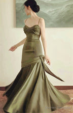 Green Satin Sweetheart Straps Long Party Dress, Green Satin Prom Dress