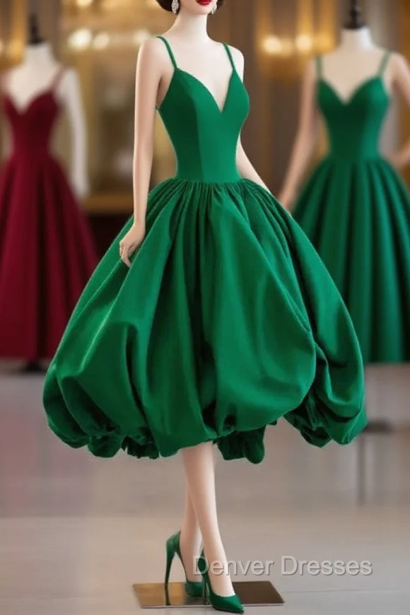 Green Satin Tea-Length Straps Prom Dress, Spaghetti Straps Homecoming Gown Main image