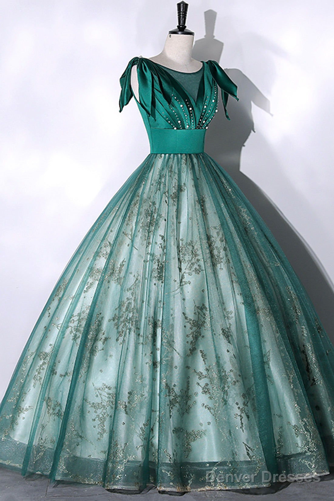 Green Satin Tulle Long Prom Dress, Elegant A-Line Formal Dress Main image