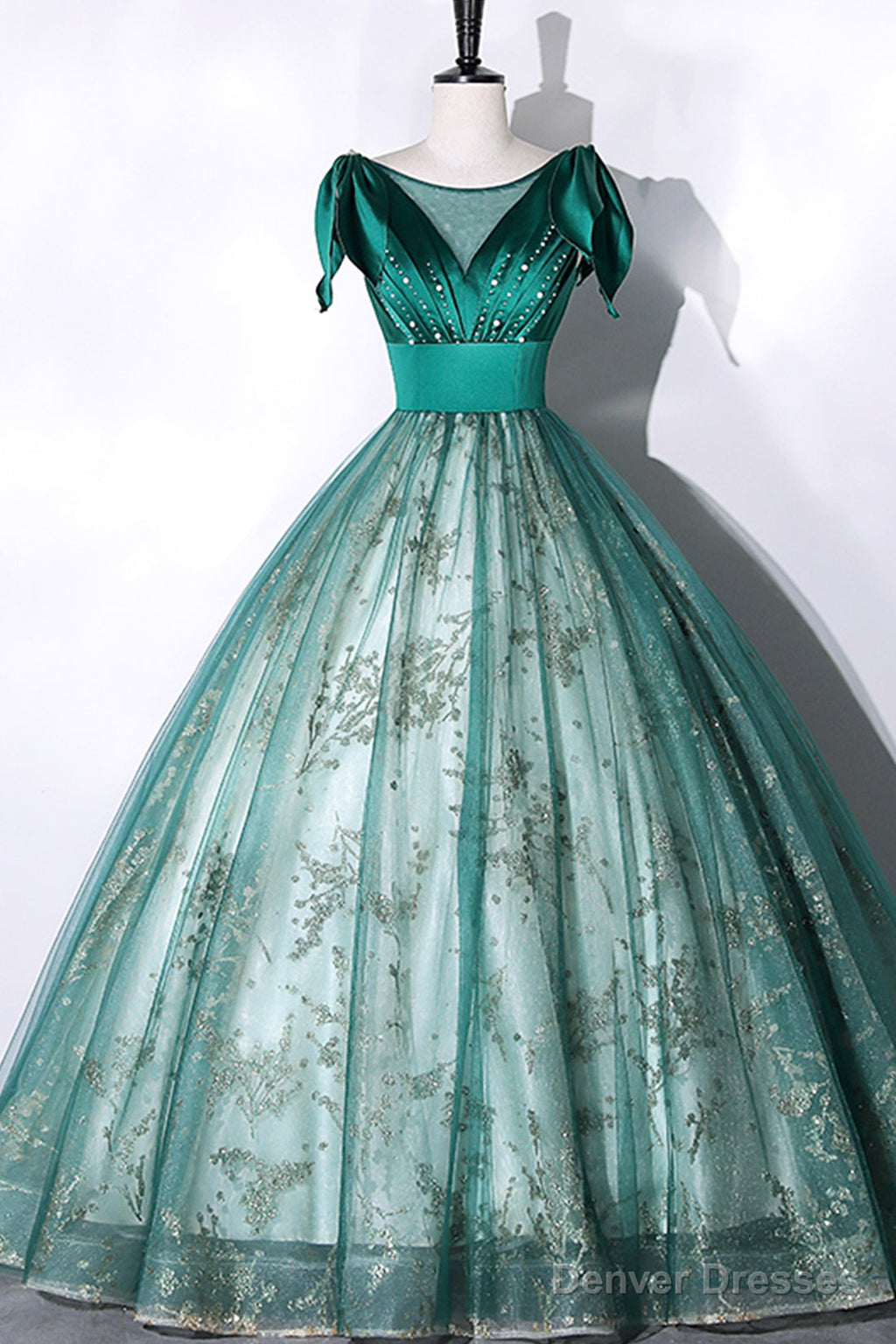 Green Satin Tulle Long Prom Dress, Elegant A-Line Formal Dress