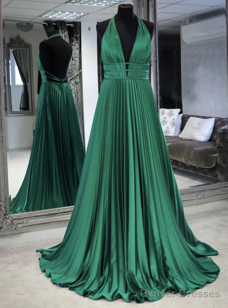 Green Satin V-neck Backless Pleats Prom Dress Main image