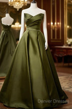 Green Satin V-Neckline Lace-Up Long Wedding Party Dress, Green Evening Dress