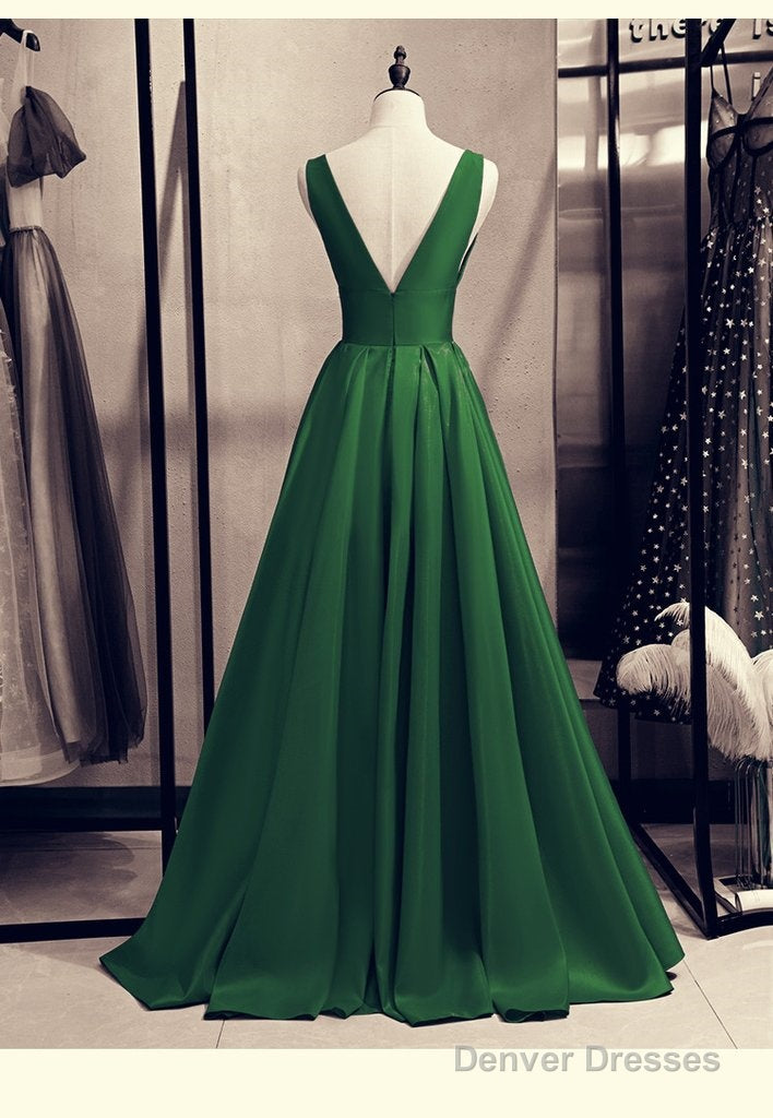 Green Satin V-Neckline Low Back Floor Length Prom Dress Evening Dress, Green Party Dress Formal Dress Main image