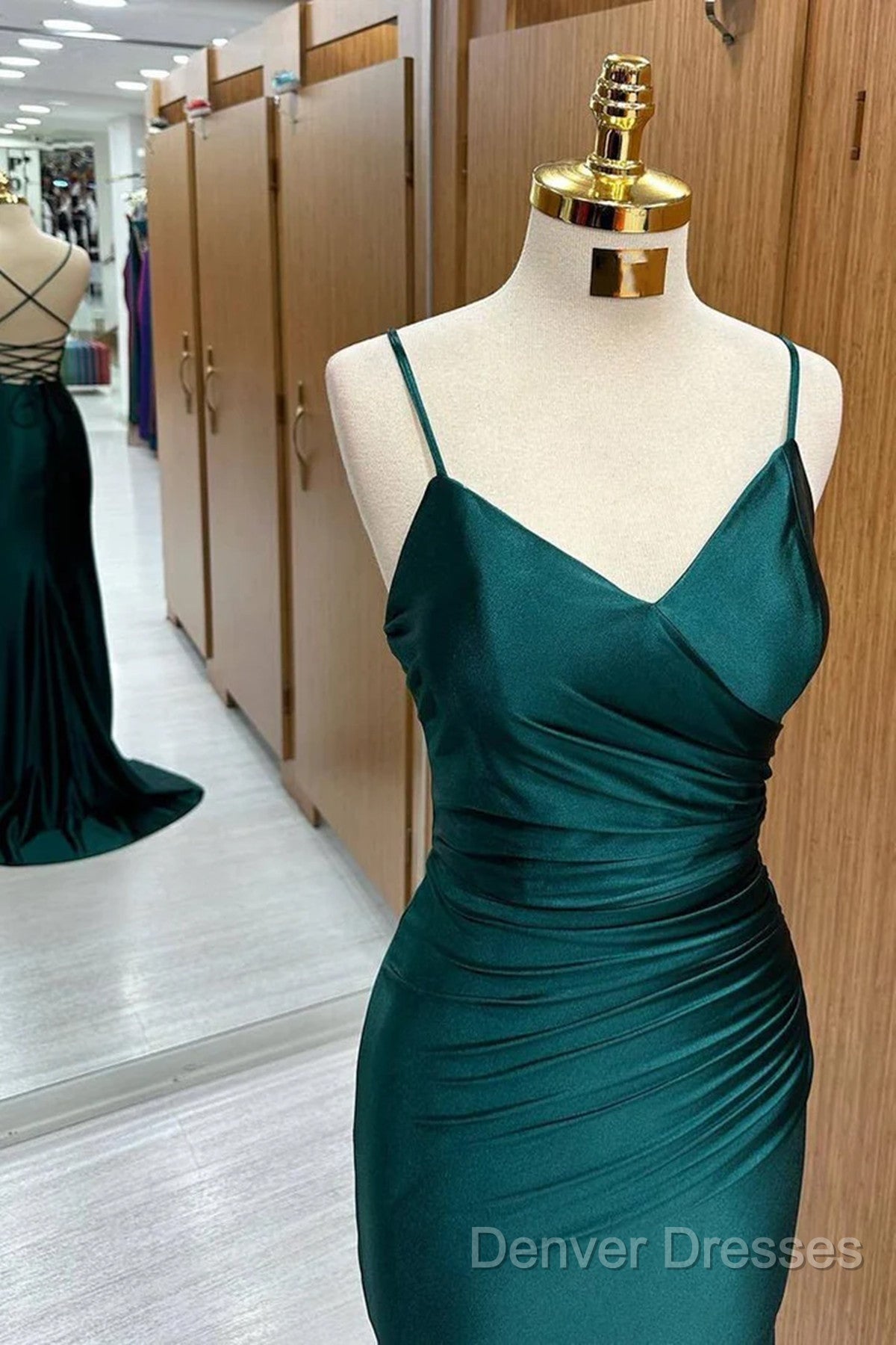 Green Satin V-Neckline Mermaid Straps Evening Gown, Green Satin Prom Dress Secondary image