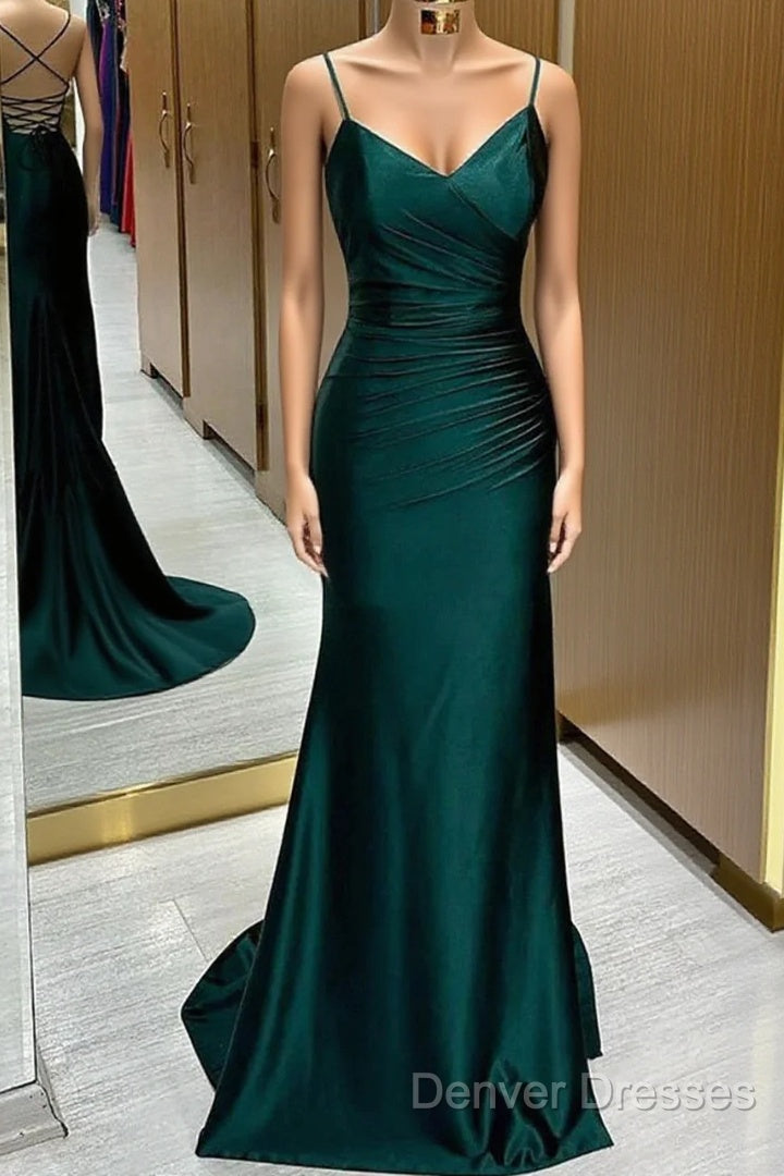 Green Satin V-Neckline Mermaid Straps Evening Gown, Green Satin Prom Dress Main image