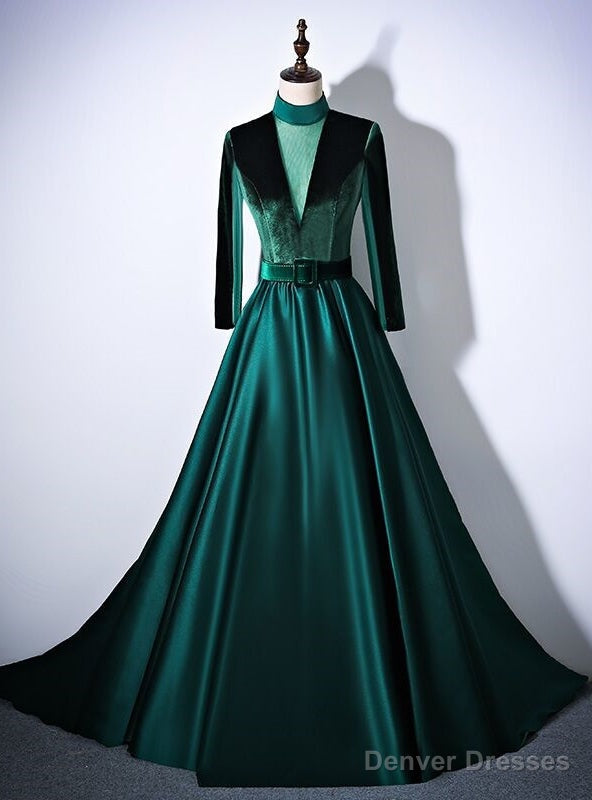 Green Satin Velvet Long Sleeve Prom Dress Main image