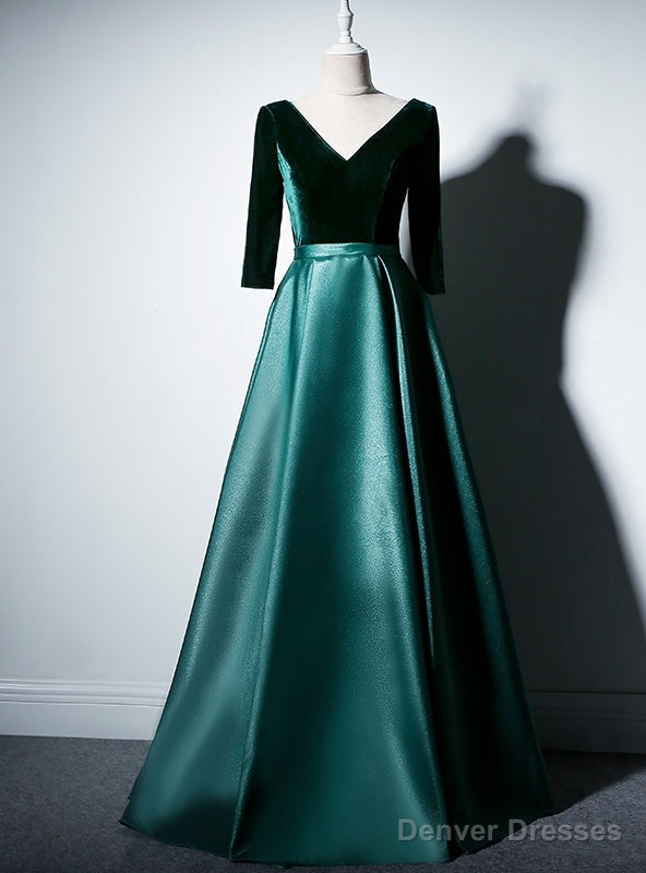 Green Satin Velvet Long Sleeve V-neck prom Dress Main image