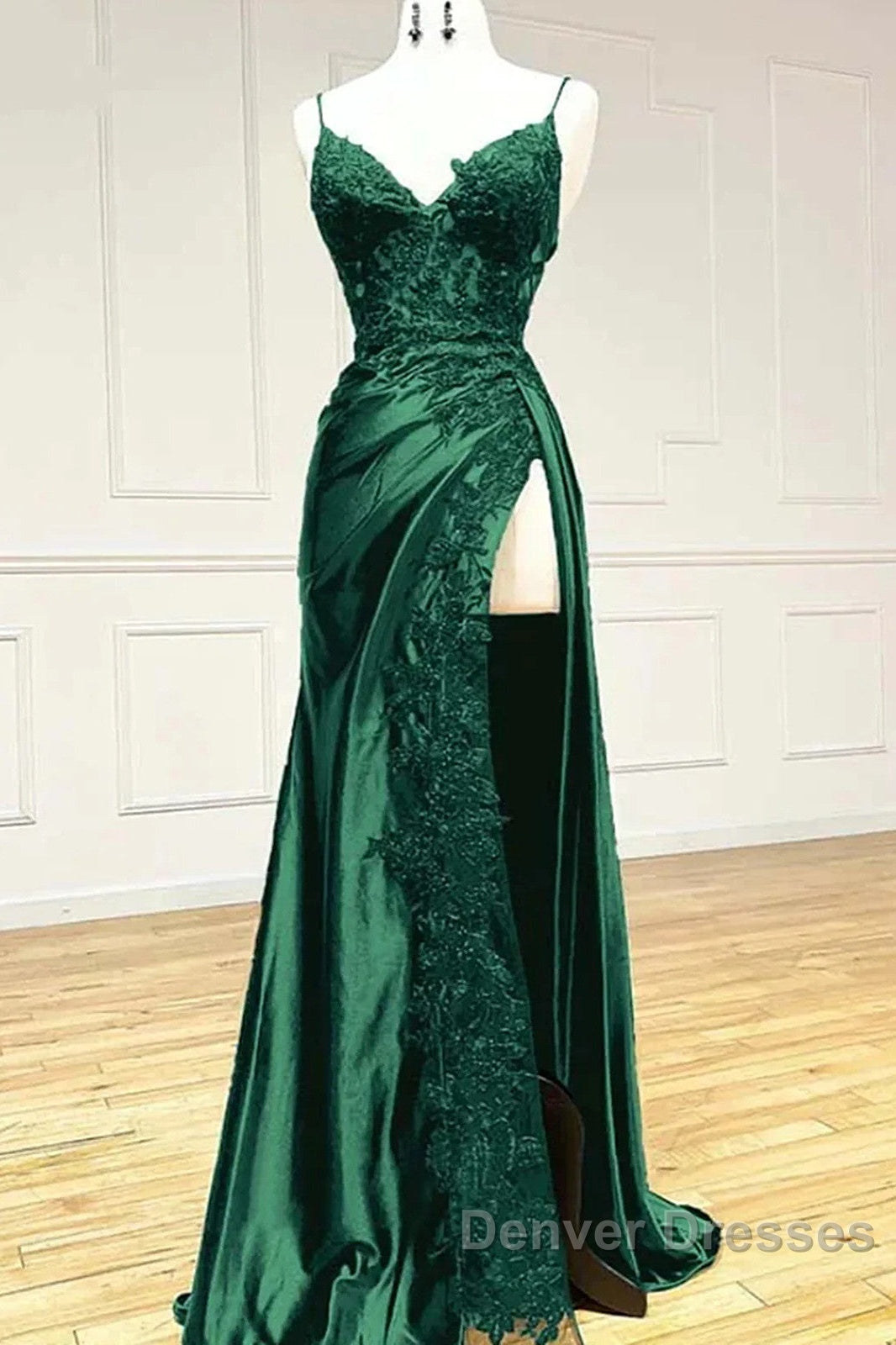 Green Satin With Lace Straps Long Evening Dress Prom Dress, Green Satin Party Dres Secondary image