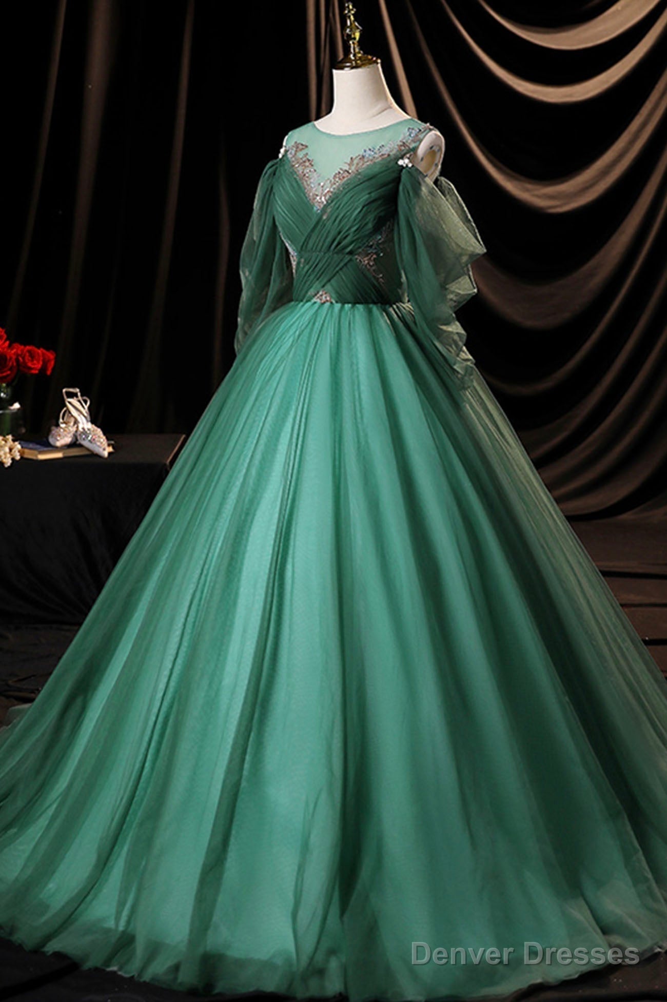 Green Scoop Neckline Tulle Formal Evening Dress, A-Line Long Sleeve Prom Dress