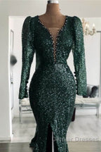Green Sequin V Neck Mermaid Prom Dress