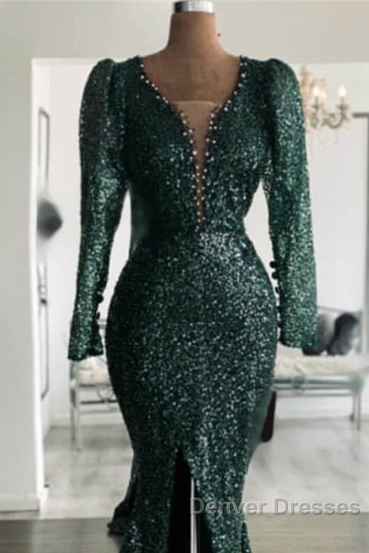 Green Sequin V Neck Mermaid Prom Dress