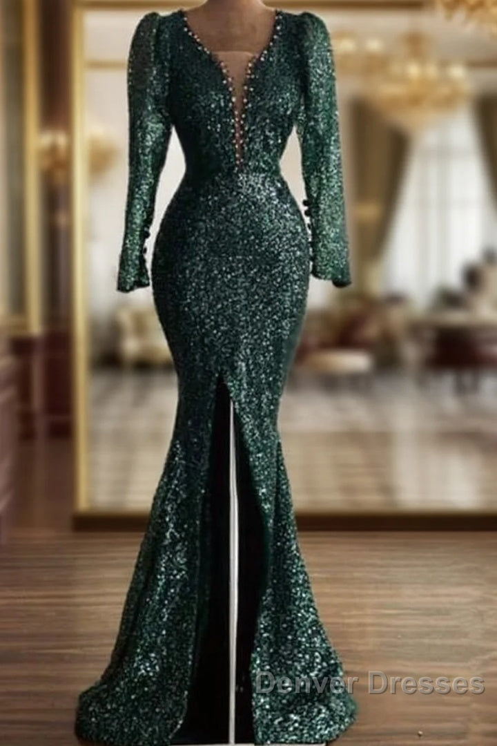 Green Sequin V Neck Mermaid Prom Dress