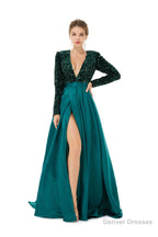 Sequined Satin A Line Front Slit V Neck Full Sleeve Sweep Train Long Prom Dresses
