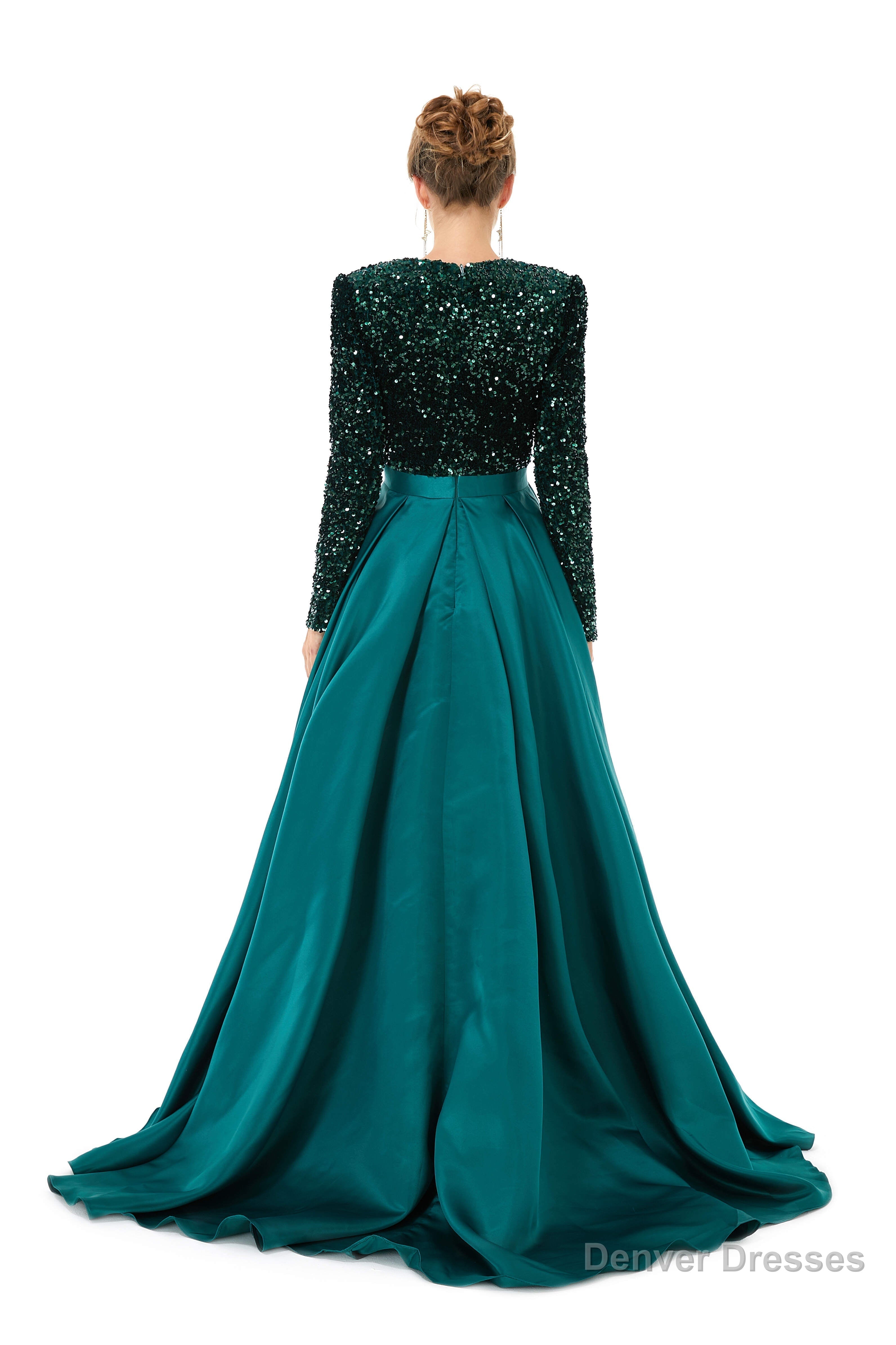 Sequined Satin A Line Front Slit V Neck Full Sleeve Sweep Train Long Prom Dresses