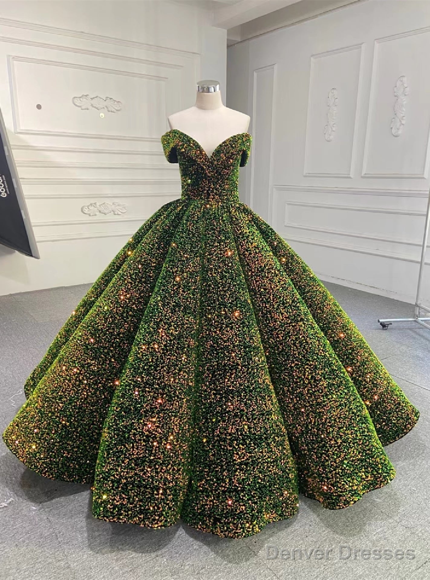 Green Sequins Ball Gown Off the Shoulder Prom Dress Main image