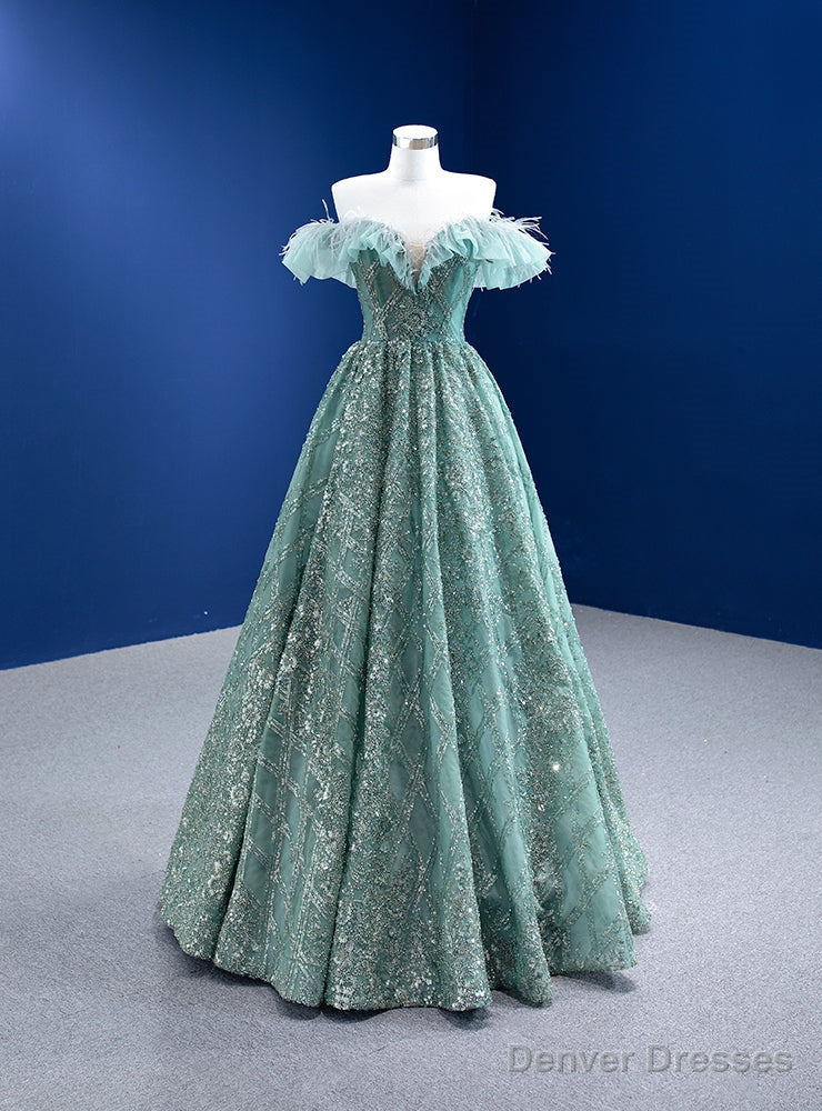 Green Sequins Beading Off the Shoulder Prom Dress Main image