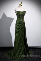 Green Sequins Long Mermaid Prom Dress, Green Lace-Up Party Dress With Slit