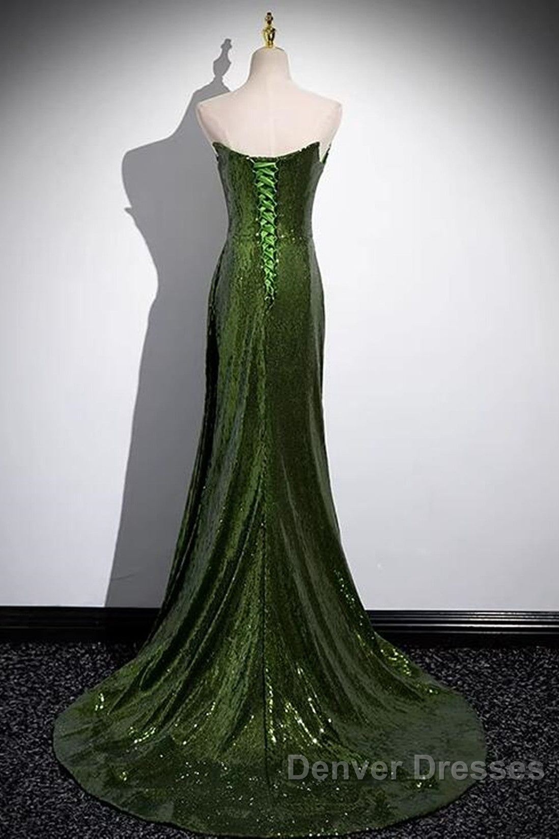 Green Sequins Long Mermaid Prom Dress, Green Lace-Up Party Dress With Slit