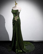 Green Sequins Long Mermaid Prom Dress, Green Lace-Up Party Dress With Slit