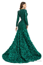 Sequins Mermaid Long V Neck Prom Dresses Full Sleeve