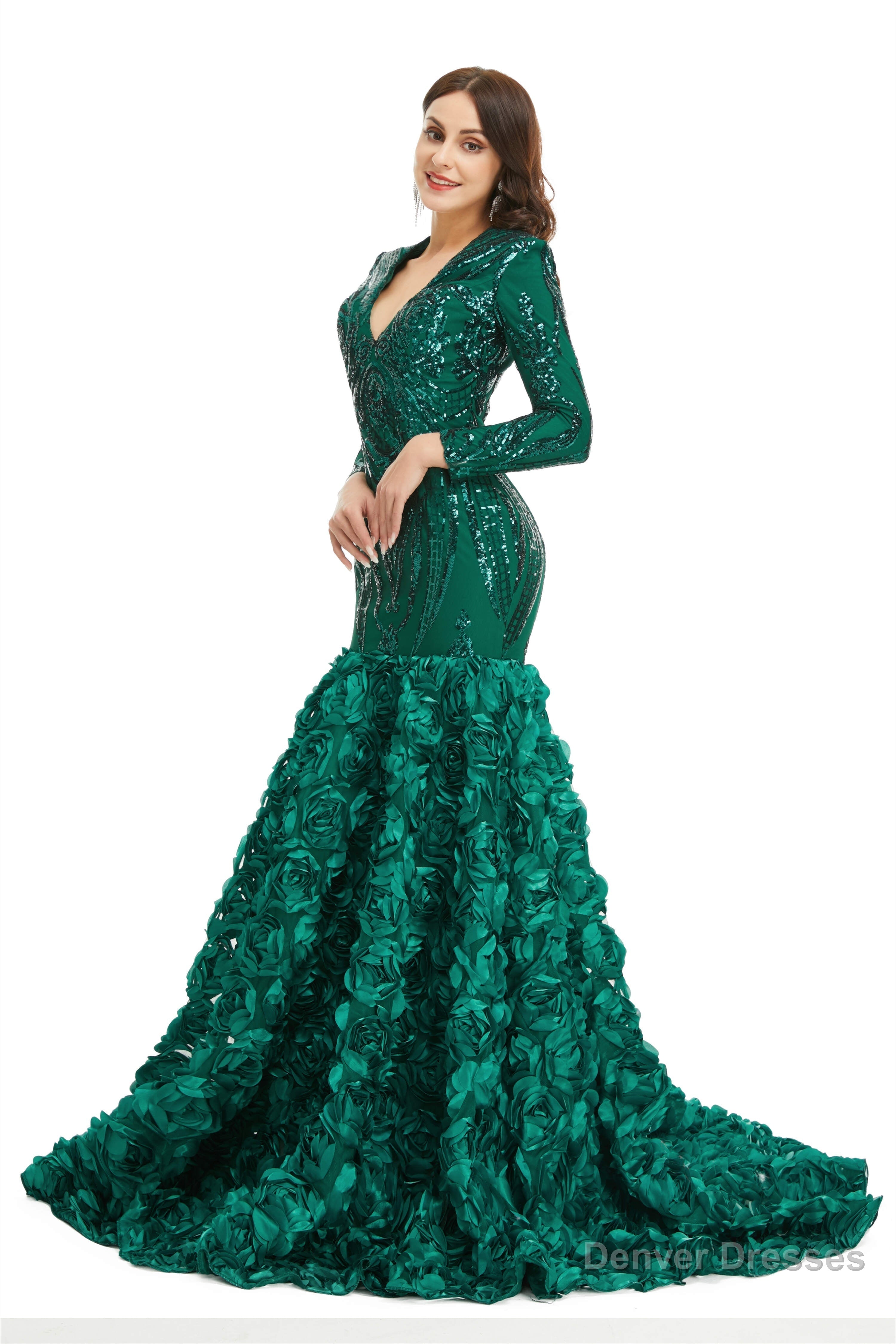 Sequins Mermaid Long V Neck Prom Dresses Full Sleeve