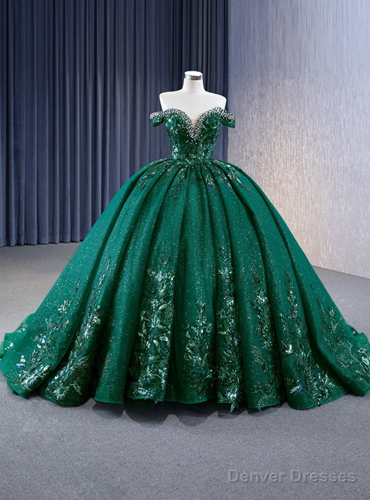 Green Sequins Off the Shoulder Crystal Prom Dress Main image