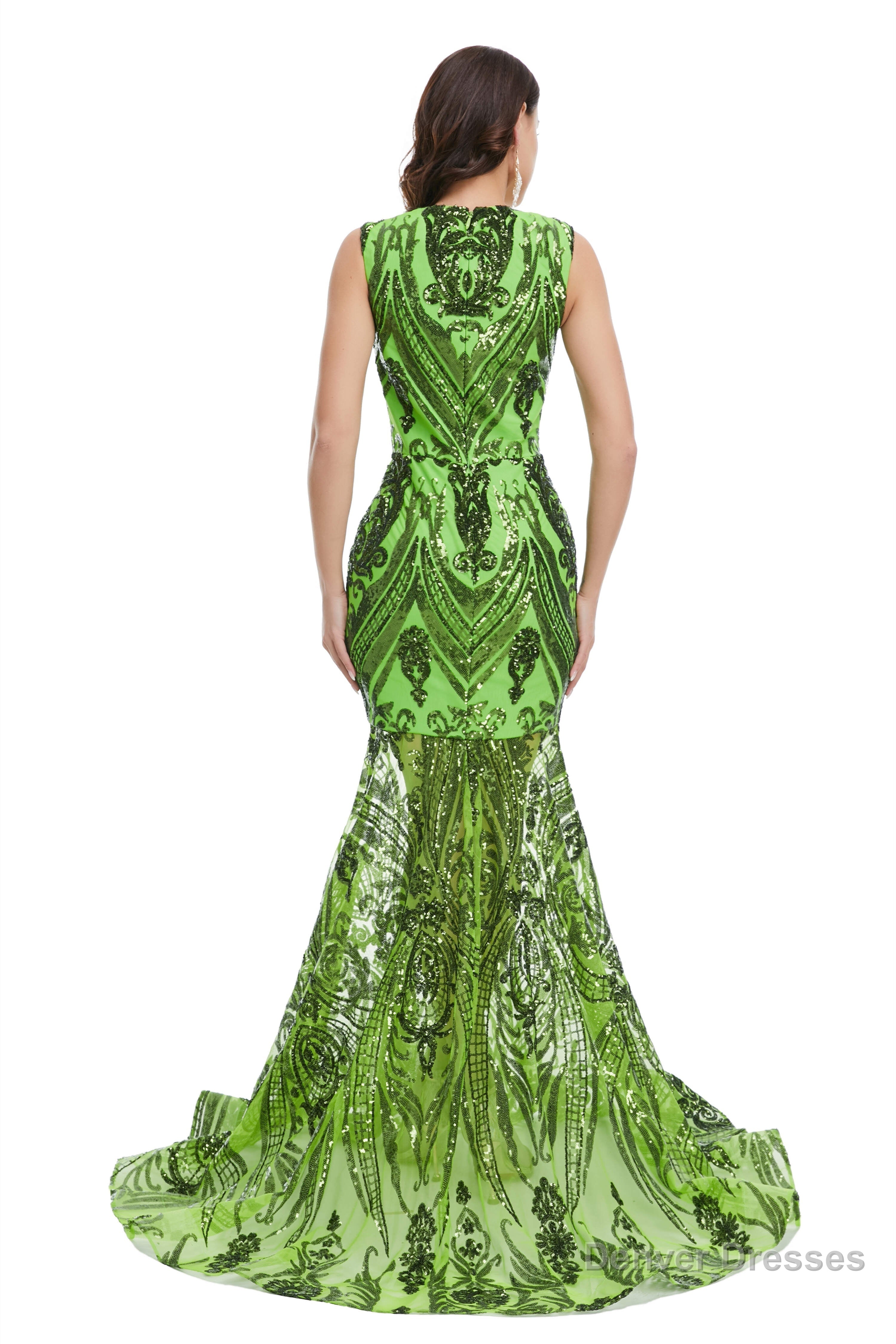Sequins Sleeveless Floor Length Crew Neck Prom Dresses