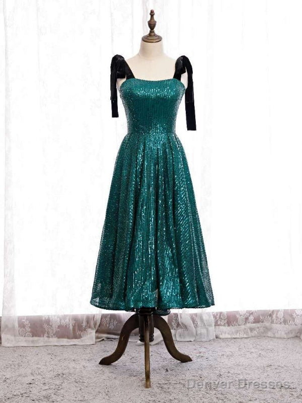 Green Sequins Straps Tea Length Prom Dress Main image