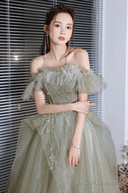 Green Shiny Tulle Long Prom Dress With Sequins, Green Evening Graduation Dress