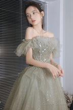 Green Shiny Tulle Long Prom Dress With Sequins, Green Evening Graduation Dress