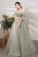 Green Shiny Tulle Long Prom Dress With Sequins, Green Evening Graduation Dress