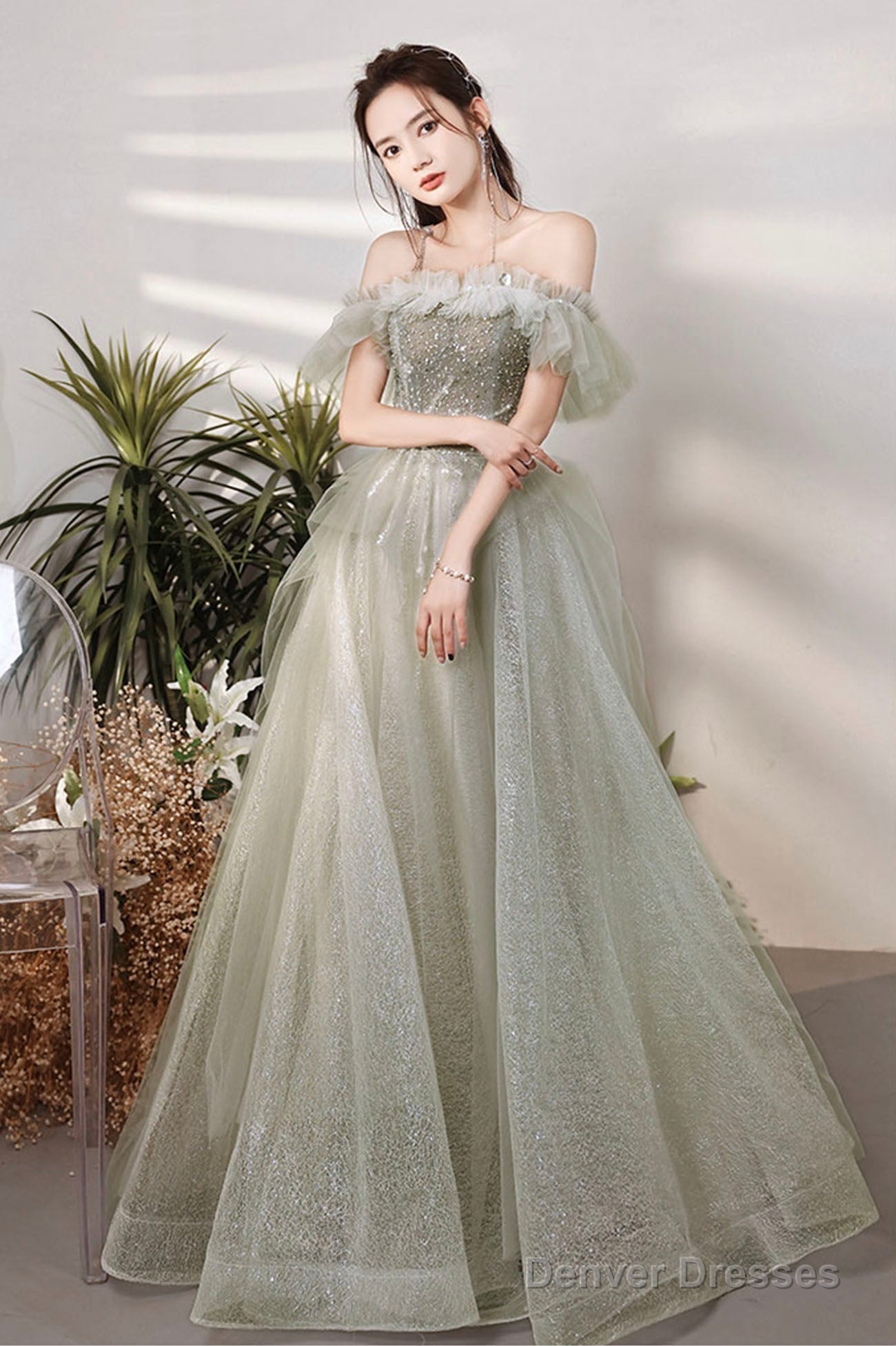 Green Shiny Tulle Long Prom Dress With Sequins, Green Evening Graduation Dress