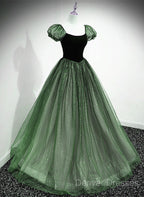 Green Shiny Tulle Short Sleevse Long Formal Dress, Green A-Line Prom Dress Party Dress