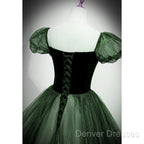 Green Shiny Tulle Short Sleevse Long Formal Dress, Green A-Line Prom Dress Party Dress