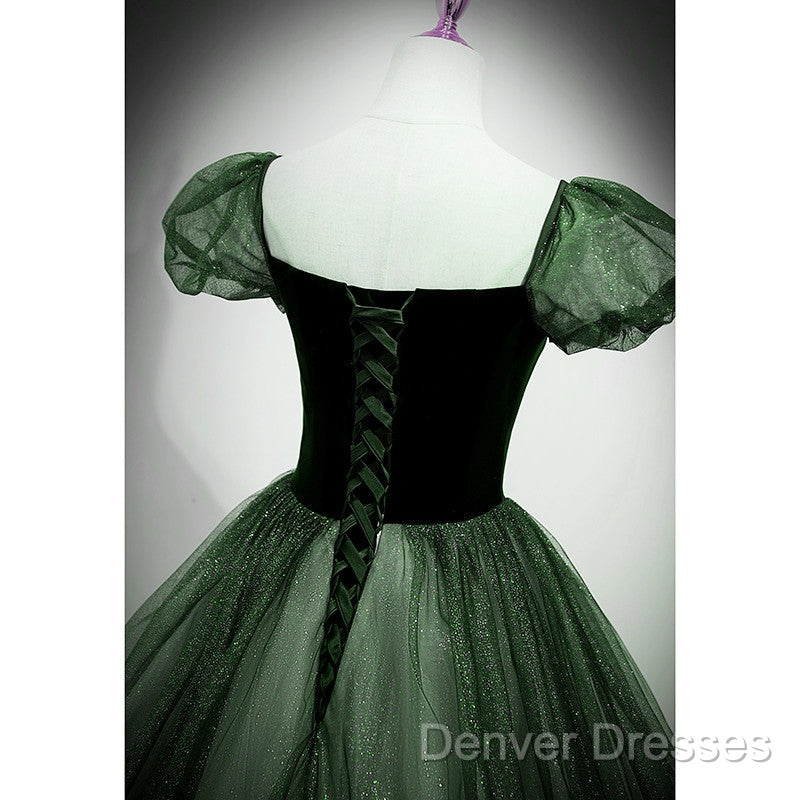 Green Shiny Tulle Short Sleevse Long Formal Dress, Green A-Line Prom Dress Party Dress
