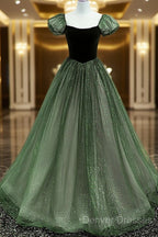 Green Shiny Tulle Short Sleevse Long Formal Dress, Green A-Line Prom Dress Party Dress