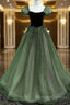 Green Shiny Tulle Short Sleevse Long Formal Dress, Green A-Line Prom Dress Party Dress