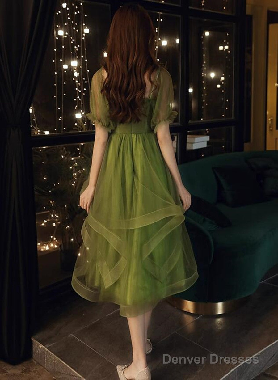 Green Short Sleeves Tulle Tea Length Wedding Party Dress, Green Prom Dress