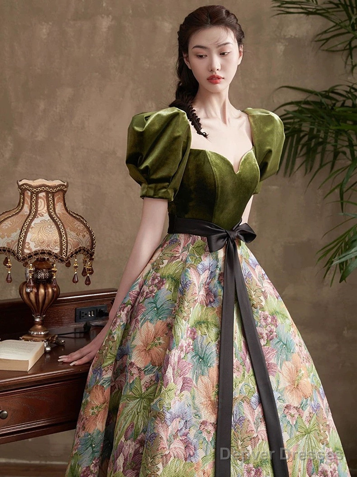 Green Short Sleeves Velvet Floral Long Party Dress, Green A-line Prom Dress Secondary image
