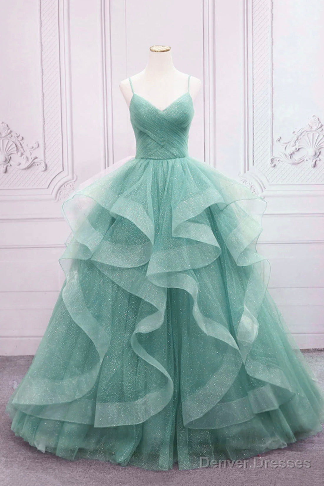 Green Spaghetti Strap Long Prom Dress, Green V-Neck Tulle Evening Dress Main image