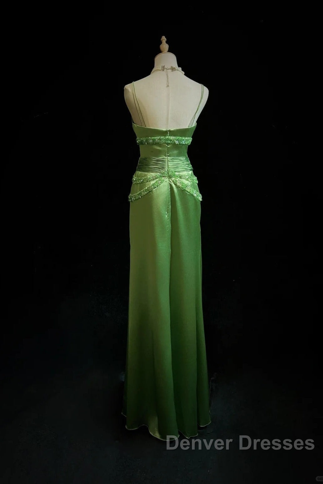 Green Spaghetti Strap Sheath Satin Beaded Prom Dress Evening Gown Secondary image