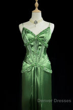 Green Spaghetti Strap Sheath Satin Beaded Prom Dress Evening Gown
